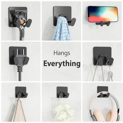 Adhesive Shower Hooks for Inside - Extra Sticky Stainless, Razor Holder Shower Accessories, Wall Mounted Self-Adhesive Double Hooks for Razor, Loofah, Towel, Shaver, Coat, Key, Matt Black, 6 Pack