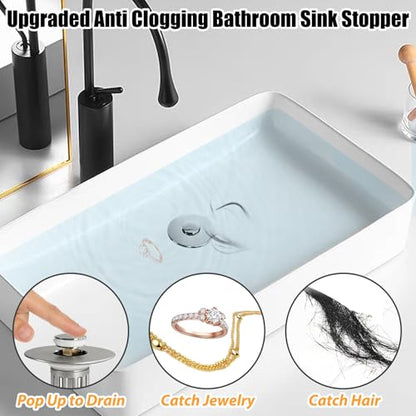Anlige 3 in 1 Pop Up Bathroom Sink Stopper, Bathroom Sink Drain Strainer, with Removable Basket Hair Catcher, Universal Sink Plug Cover for 1.06 in to 1.6 in Drain, Brushed Nickel
