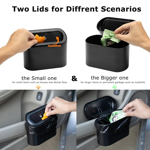 Ginsco 2 Pack Mini Car Trash Can with Lid, Small Car Garbage Can, Cute Leakproof ABS Trash Bin, Cars Accessories for Interior, Garbage Bin for Car, Home, Office with 120pcs Trash Bags Black