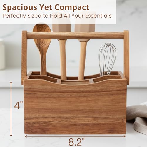 Utensil Caddy for Parties, Acacia Wood Silverware Holder for Countertop