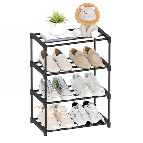 Autonomier 4 Tier Extra Small Shoe Rack (16.3" Wide), Narrow Stackable | Kids Toddler Adult Shoe Shelf, Lightweight Shoe Rack Stand for Closet Dorm Storage Organizer, Front Door Entrance, Entryway