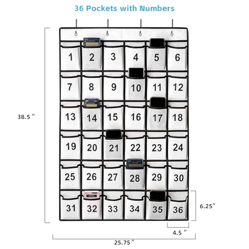 SAVERHO 36 Pockets Numbered Classroom Pocket Chart for Cell Phones, Hanging Pocket Chart Storage for Classroom Phone Calculator Holder with 4 Stainless Steel Hooks (White-36pockets)