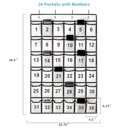 SAVERHO 36 Pockets Numbered Classroom Pocket Chart for Cell Phones, Hanging Pocket Chart Storage for Classroom Phone Calculator Holder with 4 Stainless Steel Hooks (White-36pockets)