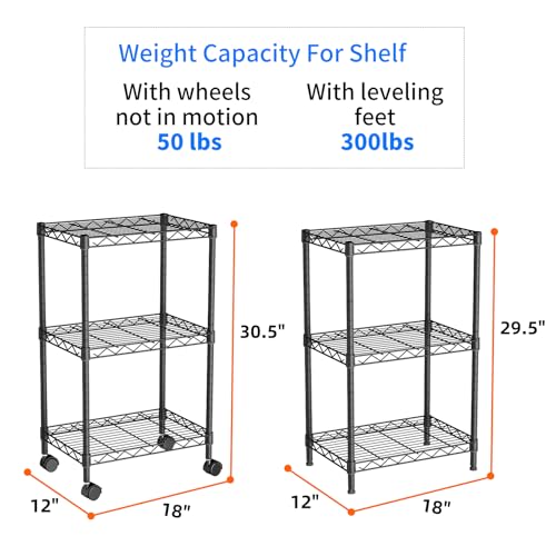 Small Shelves Storage Wire Metal Adjustable Shelf Unit with Wheels | 3 tier Shelving Organizers Storage Shelving for Bathroom Laundry Room Kitchen Pantry 11.7”D x 17.7”W x 30.7”H Black