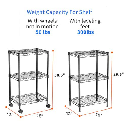 Small Shelves Storage Wire Metal Adjustable Shelf Unit with Wheels | 3 tier Shelving Organizers Storage Shelving for Bathroom Laundry Room Kitchen Pantry 11.7”D x 17.7”W x 30.7”H Black