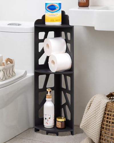 J JINXIAMU Corner Shelves,Corner Shelf Stand Waterproof Great for Bathroom Storage Tight Space,Small Shelf Stand Fit for Toilet Paper Holder Storage, Corner Tables for Small Space,Black