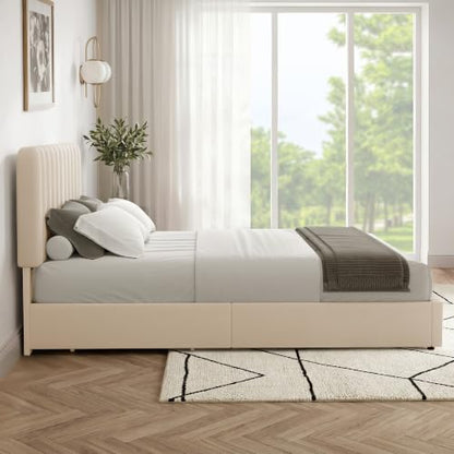 VECELO Queen Size Upholstered Bed Frame with 4 Drawers and Headboard, Velvet Platform Storage Bedframe, Wooden Slats Support, No Box Spring Needed, Beige