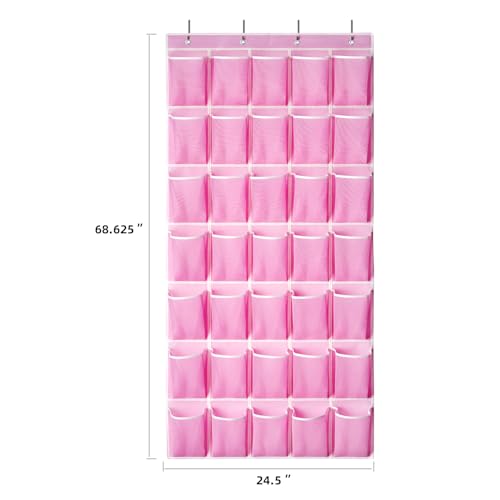 SAVERHO 35 Pockets Over the Door Shoe Organizer, Hanging Shoe Organizer for Door with 35 Mesh Pockets Large Capacity Shoe Hanging Storage Bag with 4 Metal Hooks (Pink-1Pack)