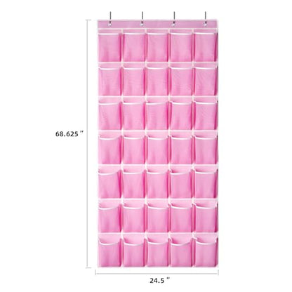 SAVERHO 35 Pockets Over the Door Shoe Organizer, Hanging Shoe Organizer for Door with 35 Mesh Pockets Large Capacity Shoe Hanging Storage Bag with 4 Metal Hooks (Pink-1Pack)