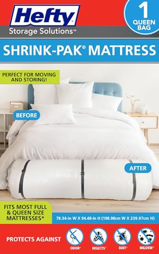 Hefty Shrink-Pak Mattress Bags for Moving – Full/Queen Size | Heavy Duty & Water Resistant Vacuum Compression Mattress Bag, Storage Protection Mattress Cover for Moving