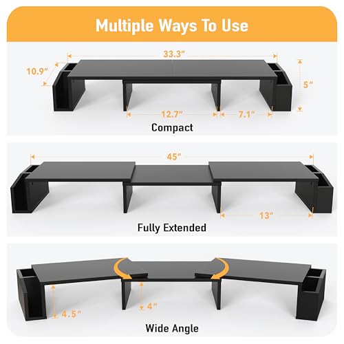 Simple Houseware Desk Dual Monitor Stand Riser with Drawer, Black | Customizable Organizer Tray, Built-In Phone & Tablet Slot and Side Storage