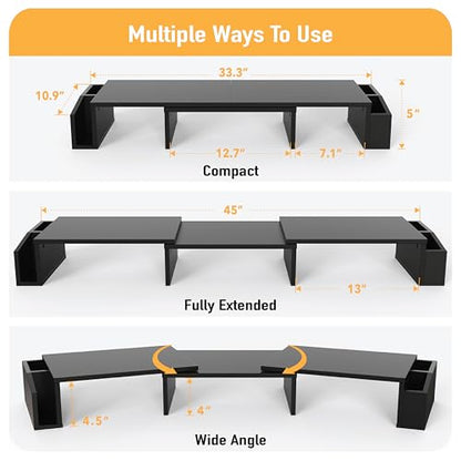 Simple Houseware Desk Dual Monitor Stand Riser with Drawer, Black | Customizable Organizer Tray, Built-In Phone & Tablet Slot and Side Storage
