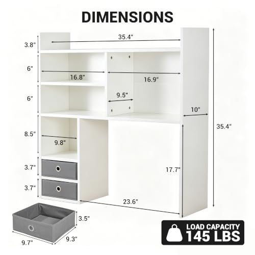 deli Desktop Bookshelf, High-Capacity Desk Hutch Organizer, White | with 7 Shelves and 2 Drawers for Computer Desk, Desk Shelf Organizer for Dorm Office Home