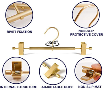 Amber Home 10 Pack Matte Gold Aluminum Pants Hangers, Metal Skirt Hangers | 12.2” Smooth Metal Skirt Hangers with 2 Adjustable Non-Slip Clips, Light & Sturdy Metal Hangers for Shorts, Trousers & Slacks