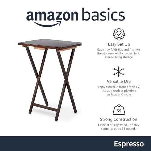Amazon Basics Portable Foldable TV Tray Table with Storage Rack, Space-Saving Design, Sturdy Wood, 14.6" L x 19" W x 26" H, Espresso, 4-Pack