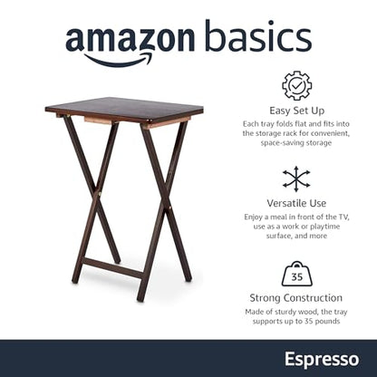 Amazon Basics Portable Foldable TV Tray Table with Storage Rack, Space-Saving Design, Sturdy Wood, 14.6" L x 19" W x 26" H, Espresso, 4-Pack