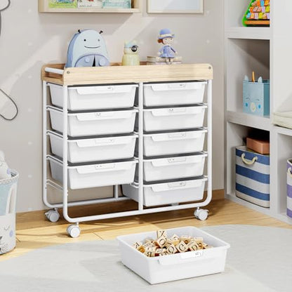 10 Drawers Rolling Cart with Wooden Tabletop, Util... (Pure White)