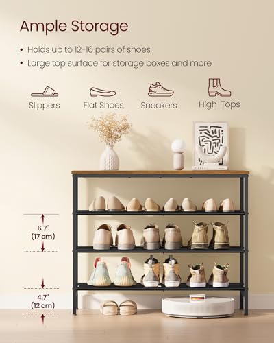 VASAGLE Shoe Rack, Shoe Storage Rack for Closet, Entryway, Living Room, Free Standing Metal Organizer Shelf, 4 Tiers, 11.8 x 29.5 x 27.2 Inches, for 12–16 Pairs, Rustic Brown and Ink Black ULBS049KD01