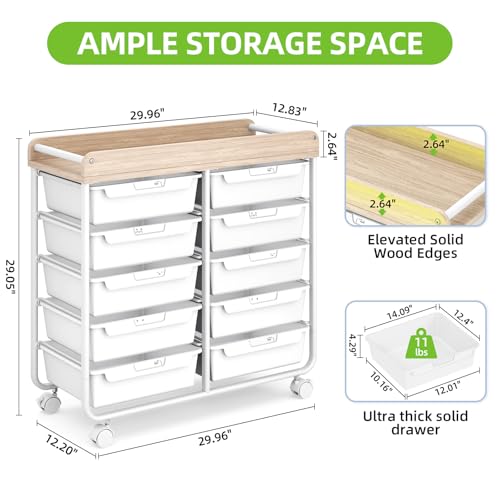 10 Drawers Rolling Cart with Wooden Tabletop, Util... (Pure White)