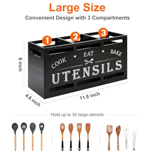 Large Black Wood Utensil Holder for Kitchen Decor Spoon Spatula Organizer | Wooden Cooking Utensils Holder for Kitchen Countertop Silverware Caddy Farmhouse Utensil Crock Big Kitchen Tools Spoon Holder