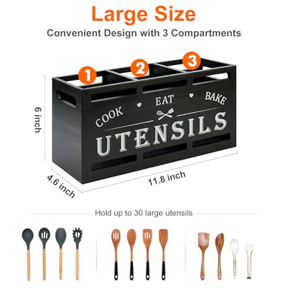 Large Black Wood Utensil Holder for Kitchen Decor Spoon Spatula Organizer | Wooden Cooking Utensils Holder for Kitchen Countertop Silverware Caddy Farmhouse Utensil Crock Big Kitchen Tools Spoon Holder