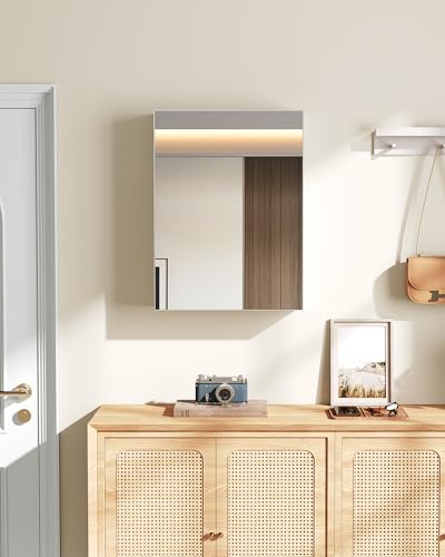 Bathroom Medicine Mirror Cabinet, 17.7'' x 23.6'', Wall-Mounted Bathroom Vanity with Mirror, Bathroom Medicine Cabinet with Storage Function, Hanging Storage Cabinet, Adjustable Shelves, White