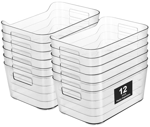 Pantry Organizers and Storage, 12 Pack Clear Plastic Storage Bins for Freezer, Multi-Use Organizer Bins for Kitchen, Office, Fridge, Cabinet and Shelf Organizing