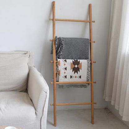 Blanket Ladder, 57in Rustic Extended Side Wood Decor Rack, Light Brown | 5 rungs, farmhouse quilt display holder, organize towel, hanging bags, leaning wall, bathroom and living room use