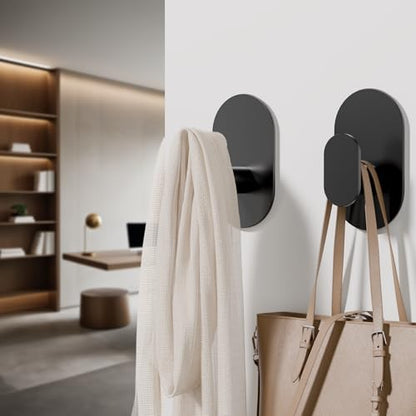 Aikzik Adhesive Towel Hooks - 4 Pack 26LB Extra Strong Heavy Duty Wall Hooks for Bathroom/Shower Door Hanging Coat, Robe, Towel, Dogs' Leads and Collars (Matte Black, Stainless Steel)