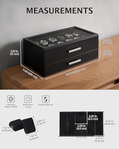 ProCase 12-Slot Watch Case for Men, 2-Tier Pull-Out Drawers Box -Black | Fathers Day Gift for Dad Men with Display Clear Top Lid, Jewelry Sunglasses Storage Organizer, Anniversary Birthday Gifts