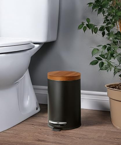 SunnyPoint Elite Bamboo Lid 4.5 Liter / 1.2 Gallon Round Trash Can with Plastic Inner Bucket; Bathroom, Office, Kitchen and Bedroom Step On and Slow Close (Black)
