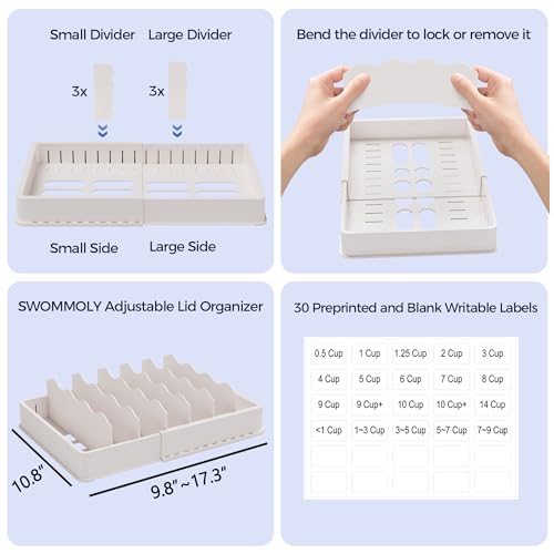 SWOMMOLY Expandable Food Container Lid Organizer for Kitchen Cabinet | Storage Lid Holder with 6 Dividers, 30 Preprinted and Blank Writable Labels, Adjustable Length 9.8" to 17.3", Large, White