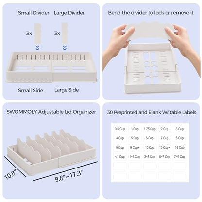 SWOMMOLY Expandable Food Container Lid Organizer for Kitchen Cabinet | Storage Lid Holder with 6 Dividers, 30 Preprinted and Blank Writable Labels, Adjustable Length 9.8" to 17.3", Large, White