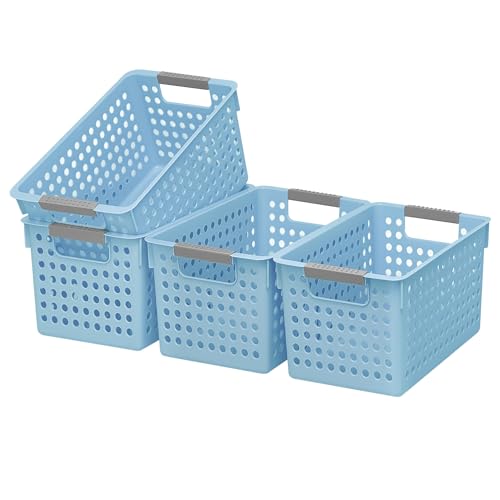 4 Pack Plastic Storage Basket with Handles, Small... (Blue | Plastic)