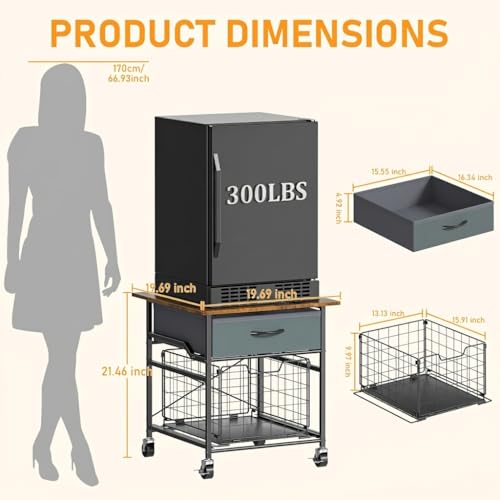 Mini Fridge Stand, Heavy-Duty End Table Fridge Table with Storage, Small Refrigerator Stand with Rolling Wheels for Dorm, Kitchen,Pantry