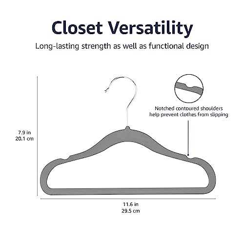 Amazon Basics Kids Velvet Non-Slip Space Saving Clothes Hangers with Shoulder Notches, Sturdy Closet Organizer for Baby/Toddler, 11.6", Gray, 30-Pack