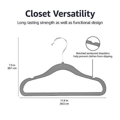 Amazon Basics Kids Velvet Non-Slip Space Saving Clothes Hangers with Shoulder Notches, Sturdy Closet Organizer for Baby/Toddler, 11.6", Gray, 30-Pack