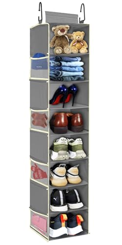 Large-Sized Hanging Shoe Organizer 8-Shelf, Hanging Closet Organizer with 8 Side Pockets, Wider Hanging Shelves for Storage Shoes Clothes 9" W × 11.8" D× 48" H, Grey