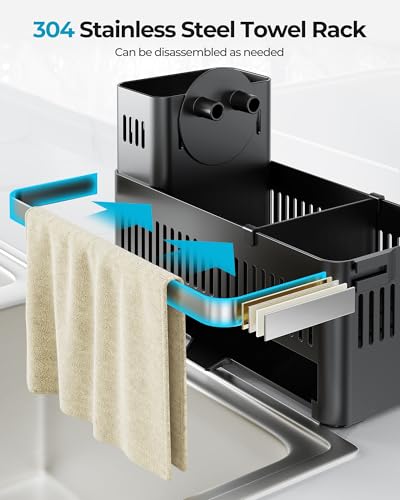 Nieifi Sponge Holder, Black Rustproof ABS Sink Caddy with Towel Rack | Smiley Sponge and Brush Holders with Drainage to Keep Items Dry. 10"L x 4.5"D. Kitchen Counter Organizer & Essential Storage.