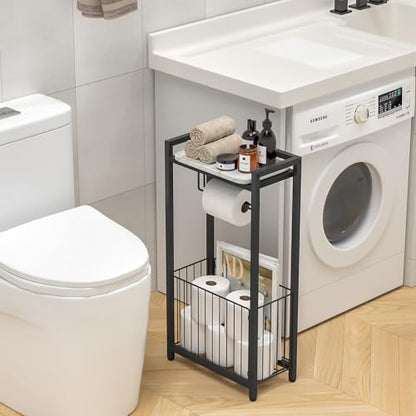 Freestanding Toilet Paper Holder with Storage Shelf | Bathroom Tissue Stand with Space for Phone, Tablet, and Magazines – All-in-One Toilet Roll Dispenser and Organizer