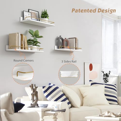 Forbena Gold Floating Shelves for Wall Decor Set of 3, Bathroom Shelves Over Toilet, Modern Display Wall Shelf with Guard Rail for Living Room Bedroom Organizers and Storage - White and Gold