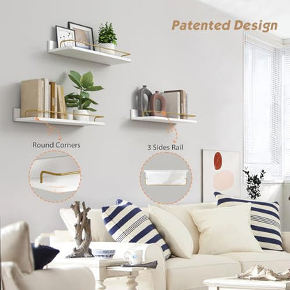 Forbena Gold Floating Shelves for Wall Decor Set of 3, Bathroom Shelves Over Toilet, Modern Display Wall Shelf with Guard Rail for Living Room Bedroom Organizers and Storage - White and Gold