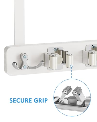 Over the Door Broom and Mop Holder, Broom Hanger, 4 Slots & 4 Hooks | No Drilling Required, Wood and Metal Build, EVA Door Protection Pads, Secure Grip Slots, Closet Garage Laundry Use, White
