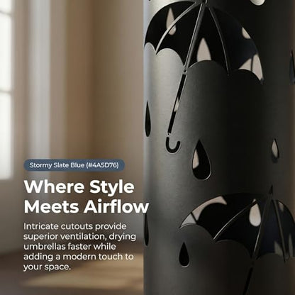 BEWBBAT Metal Umbrella Stand Rack for Entryway, Black Round Free Standing Umbrella Holder Organizer Bin with 3 Hooks for Walk Stick, Home Office Indoor, 17 x 7 Inch