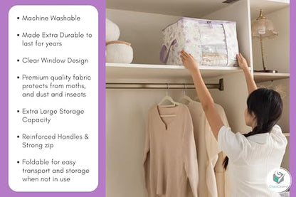 Canvas Storage Bags Designer Organizer 2 Pack – Seasonal Storage for Sweaters, Blankets, Linens & Garments – Foldable Design with Zip & Window (Purple Floral Print)