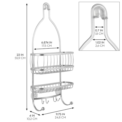 iDesign York Metal Wire Hanging Shower Caddy, Satin Silver | Extra Wide Space, 9.75" x 4" x 22", Hooks for Razors, Towels, For Shampoo, Conditioner, Soap