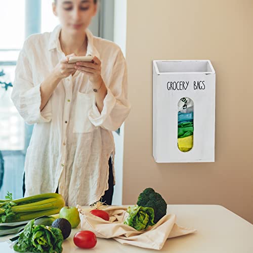 Farmhouse Grocery Bag Holder for Kitchen, Wooden Plastic Bags Holder for Supermarket shopping carrier Recycle, Wall Mounted Garbage Bag Dispenser with Extra-Wide & Easy-Access Openings, White