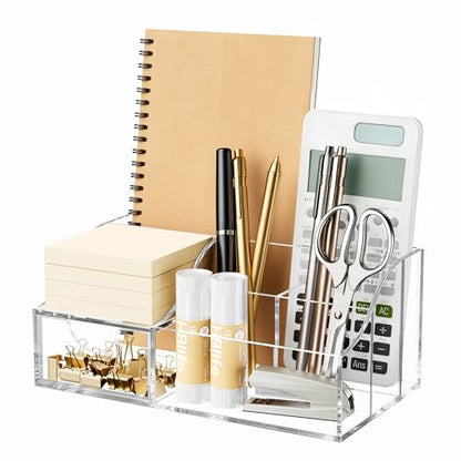 HBlife Acrylic Desk Organizer with Drawer, Pen & Pencil Holder, Multifunctional Desktop Caddy for Office Supply and Organization (Clear)