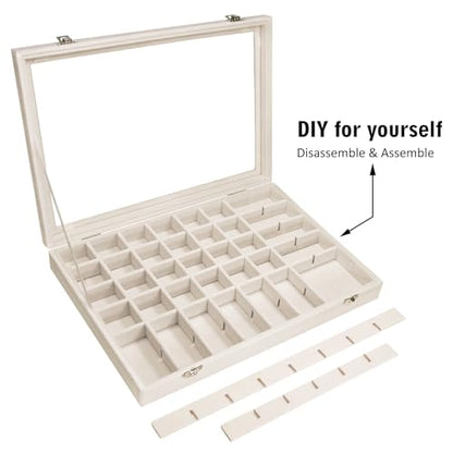 Siveit Velvet Jewelry Tray 48 Grid Jewelry Display Tray Organizer Box with Transparent Lid Rings Earrings Necklaces Pendants Display Box Suitable for Women and Girls (Beige)