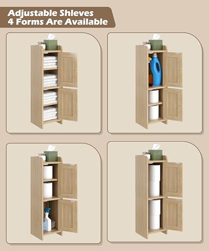 Rattan Small Bathroom Cabinet Narrow Toilet Paper Organizer Oak | 7.9''D x 7.9''W Bathroom Organizer and Storage Cabinet for Small Space, Slim Corner Unit with Adjustable Shelf